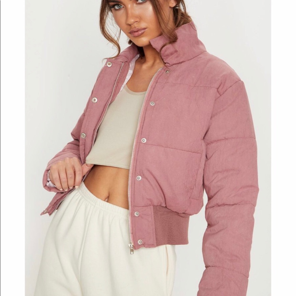PrettyLittleThing Pink Peach Skin Cropped Puffer